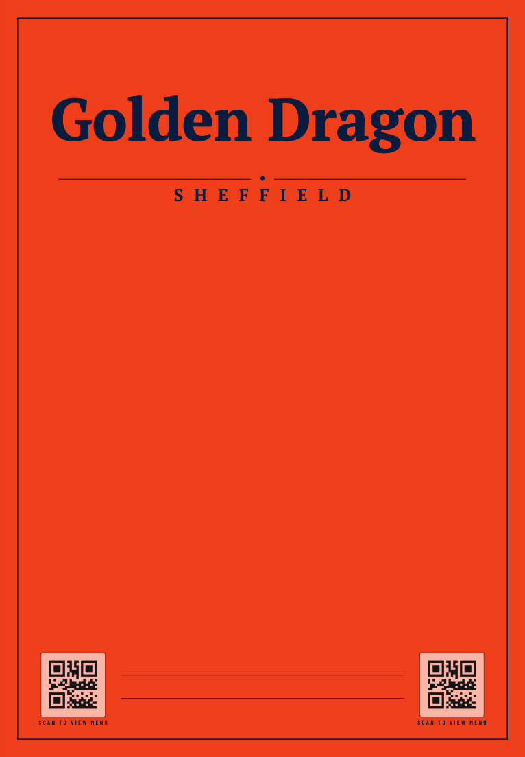 The front of Golden Dragon's printed takeaway bag: their name and details in Orange / Blue
