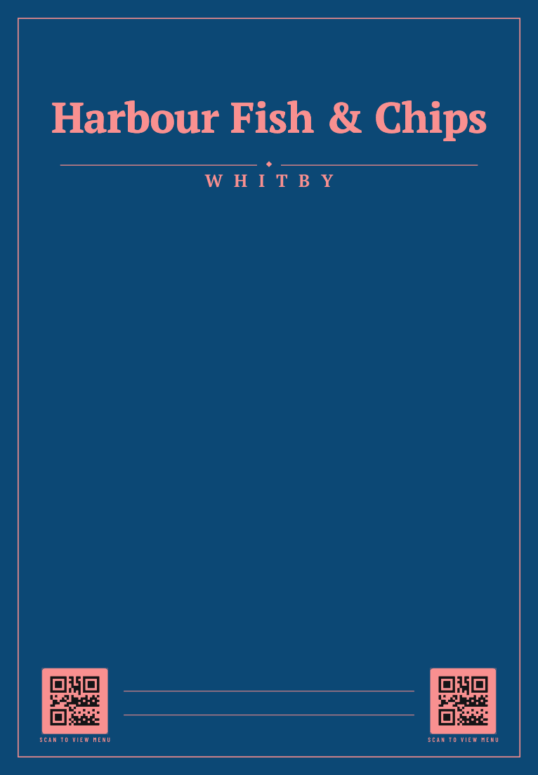 The front of Harbour Fish & Chips's printed takeaway bag: their name and details in Azure / Red