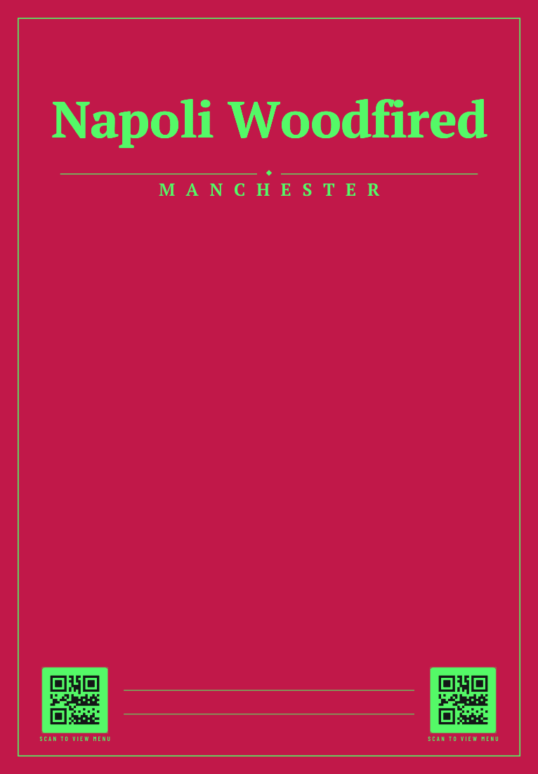 The front of Napoli Woodfired's printed takeaway bag: their name and details in Raspberry / Green