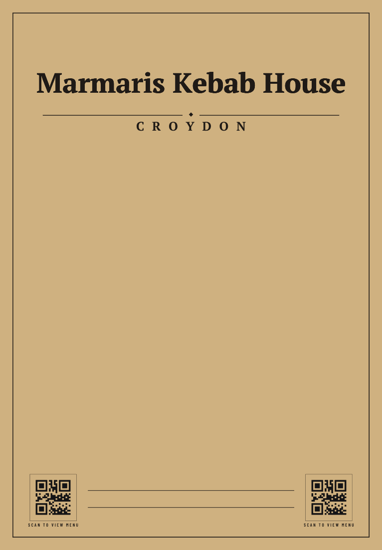 The front of Marmaris Kebab House's printed takeaway bag: their name and details in Kraft brown / Charcoal
