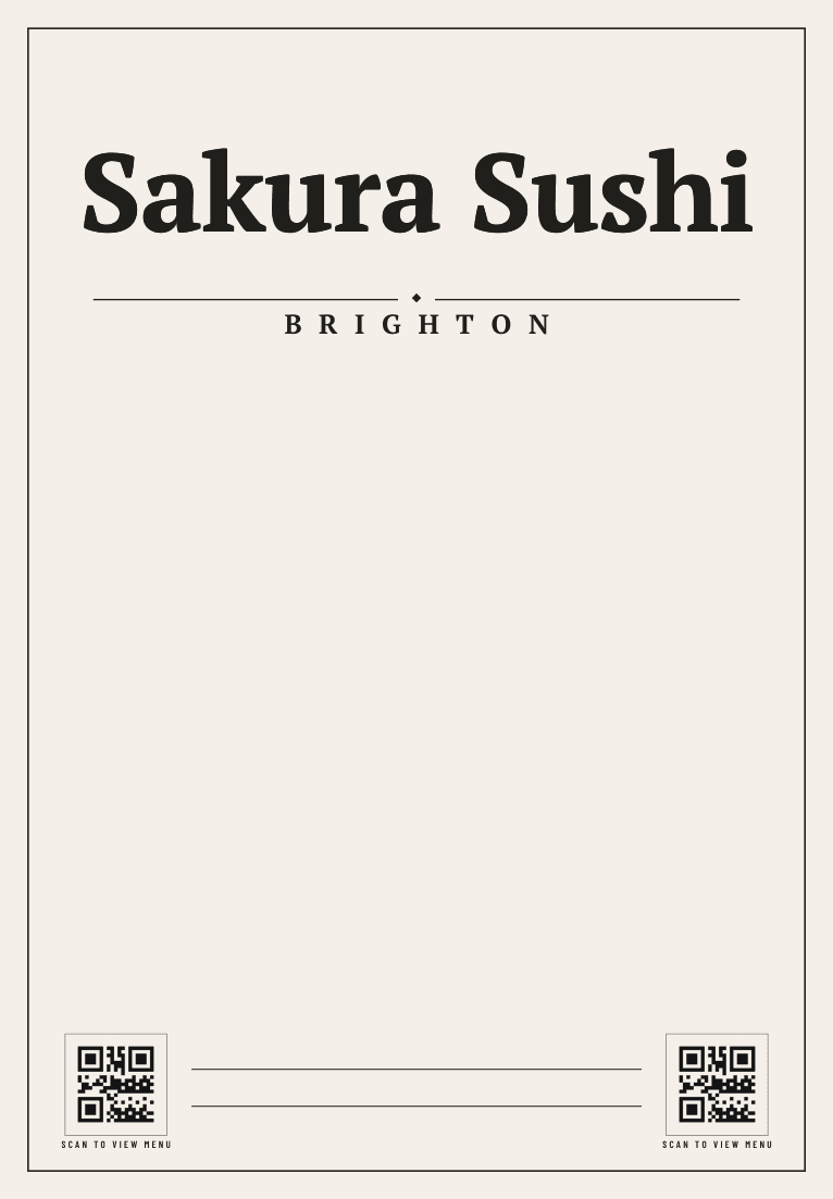 The front of Sakura Sushi's printed takeaway bag: their name and details in Ivory / Charcoal