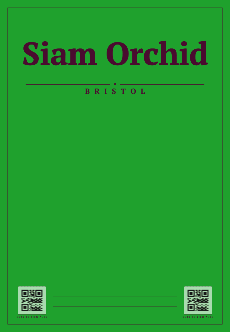 The front of Siam Orchid's printed takeaway bag: their name and details in Green / Magenta