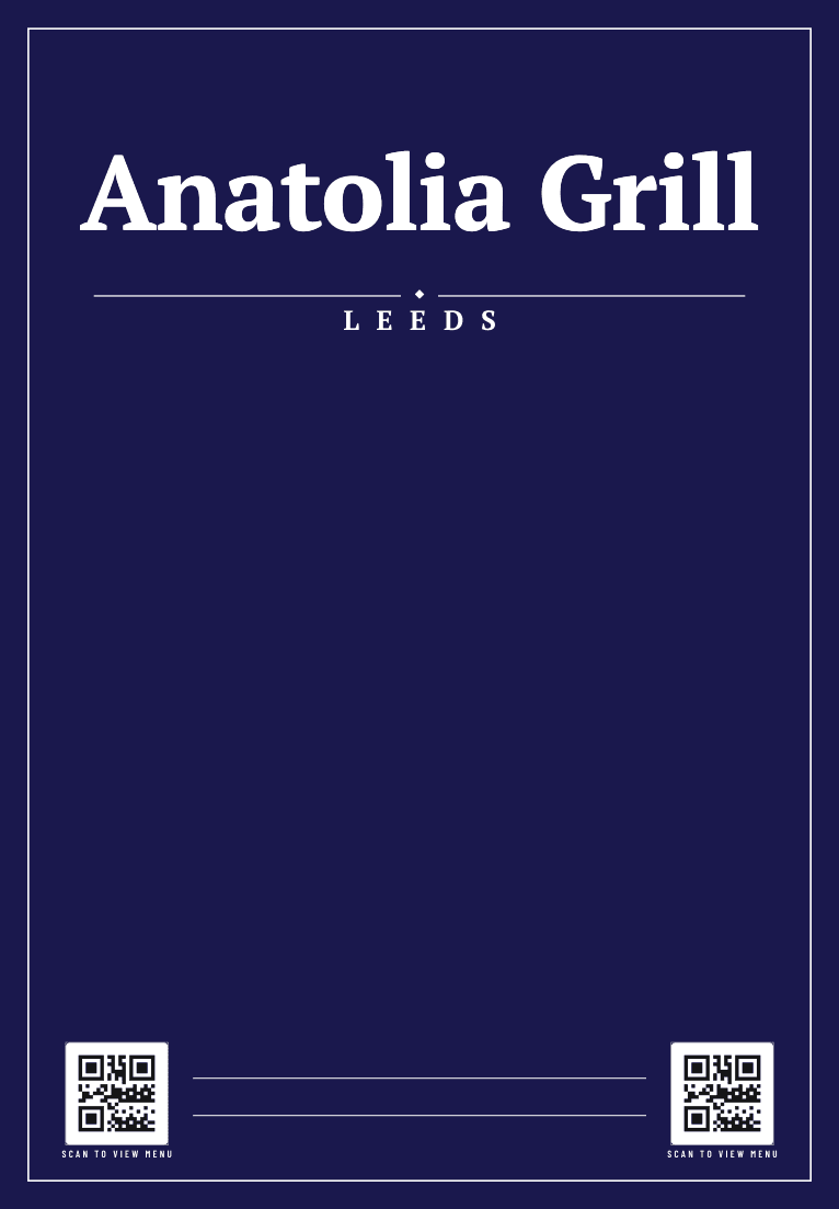 The front of Anatolia Grill's printed takeaway bag: their name and details in Navy / White