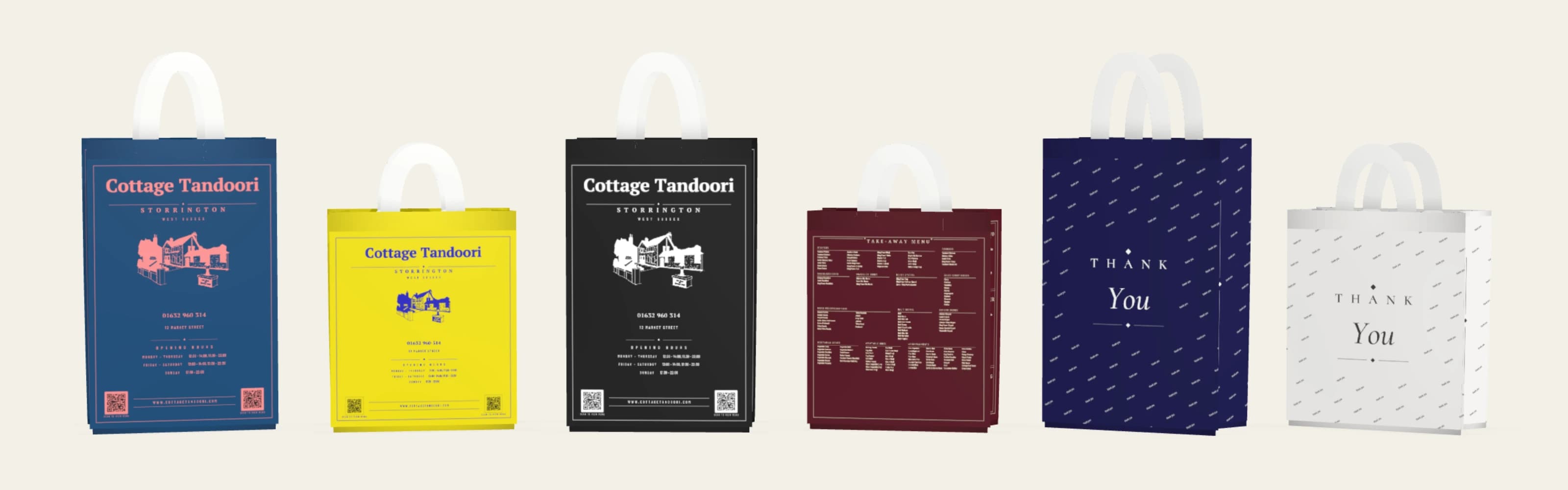 Six Cottage Tandoori printed takeaway bags — large and small, in six colours